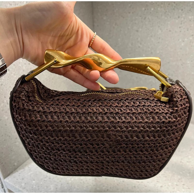 Luxury Bags Gold - Gold Handle Brand Handwoven Handbag Exquisite