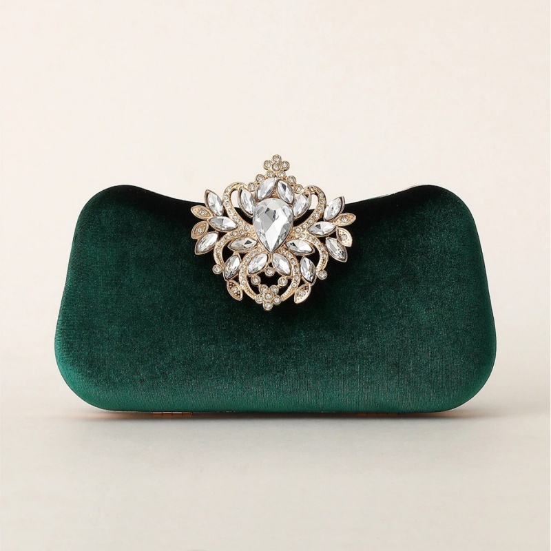 Dark Green Velvet Clutch Bag L - Luxury Bags Gold 评论和价格
