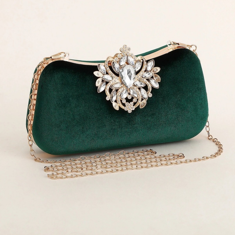 Dark Green Velvet Clutch Bag L - Luxury Bags Gold 评论和价格